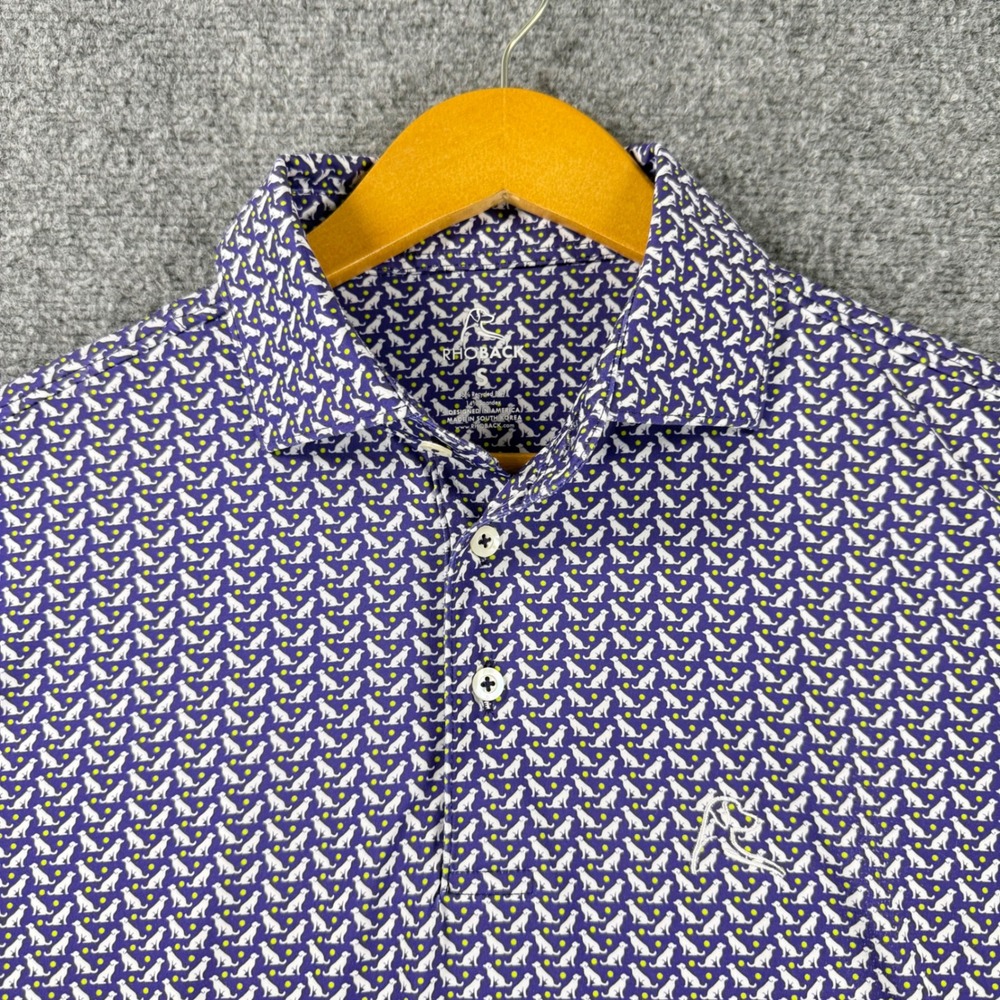 Rhoback Performance Polo Shirt Men's Small Purple Dog Tennis Ball Print Stretch